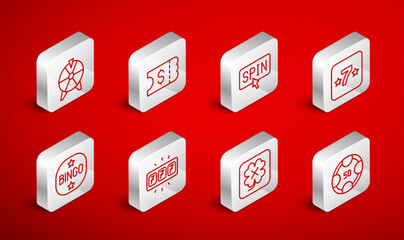 Set line Casino chips, Lottery ticket, Slot machine spin button, slot, Lucky wheel, with jackpot and Bingo icon. Vector