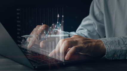 Businessman working with modern computer virtual dashboard analyzing finance sales data and economic growth graph chart and account report technology.