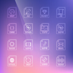 Set line WAV file document, EML, MP3, RUBY, WMA, CSS, GIF and TIFF icon. Vector