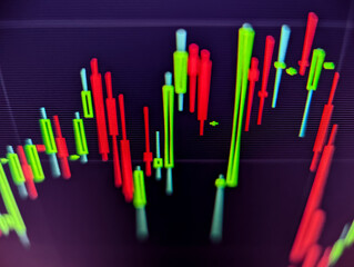 Stock market price chart with red and green candlesticks displayed on a pixelated monitor with dark background