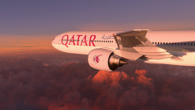 Boeing 777 Qatar Airways flying over the amazing sunset, 20 Sep, 2022, Doha, Qatar