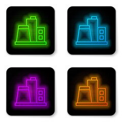 Glowing neon line Factory icon isolated on white background. Industrial building. Black square button. Vector