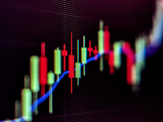 Stock market financial chart with red and green candlesticks displayed on a pixelated monitor with dark background