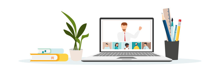 Home education concept. People study at home using a computer. Remote working. Video conference on laptop computer. Work from home and work from anywhere concept Vector.