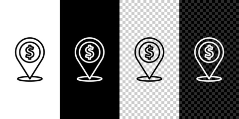 Set line Cash location pin icon isolated on black and white, transparent background. Pointer and dollar symbol. Money location. Business and investment concept. Vector