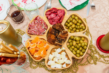 Top view meal,crackers in bowls on a table background.Family Together Christmas Celebration Concept