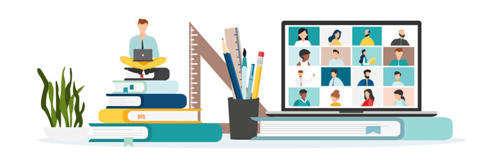 Home education concept. People study at home using a computer. Remote working. Video conference on laptop computer. Work from home and work from anywhere concept Vector.