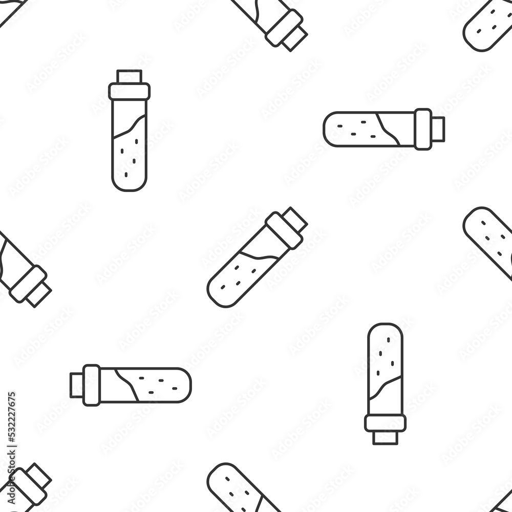 Poster grey line bottle with potion icon isolated seamless pattern on white background. flask with magic po