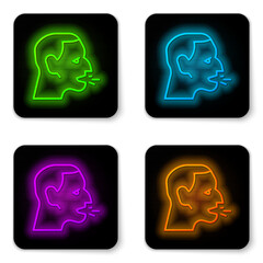 Glowing neon line Man coughing icon isolated on white background. Viral infection, influenza, flu, cold symptom. Tuberculosis, mumps, whooping cough. Black square button. Vector