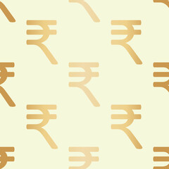 Indian rupee symbol vector pattern seamless background. Gold foil effect backdrop with tossed currency icons. Finance repeat. Graphic resource. Golden all over print for money,business, economy