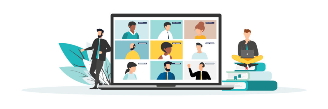 Home education concept. People study at home using a computer. Remote working. Video conference on laptop computer. Work from home and work from anywhere concept Vector.