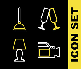 Set line Glasses of champagne, Cinema camera, Table lamp and Rubber plunger icon. Vector