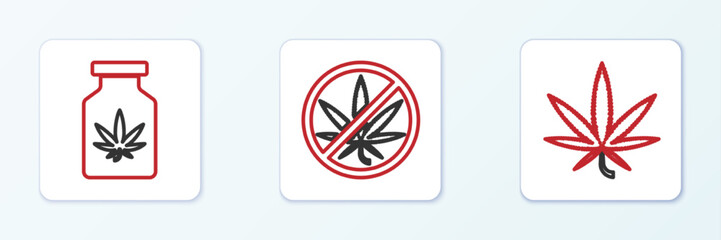 Set line Marijuana or cannabis leaf, Medical bottle with marijuana and Stop icon. Vector