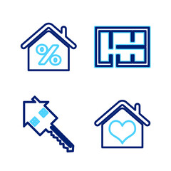 Set line House with heart shape, key, plan and percant icon. Vector