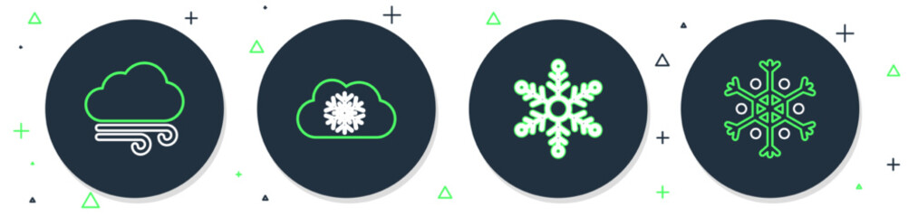 Set line Cloud with snow, Snowflake, Windy weather and icon. Vector