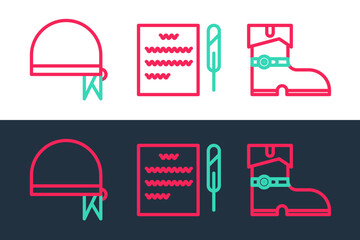 Set line Leather pirate boots, Pirate bandana for head and Feather pen scroll icon. Vector