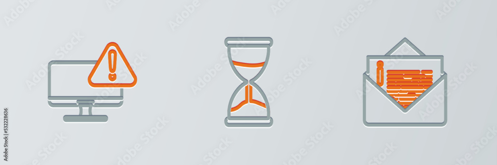 Poster set line envelope, monitor with exclamation mark and hourglass icon. vector