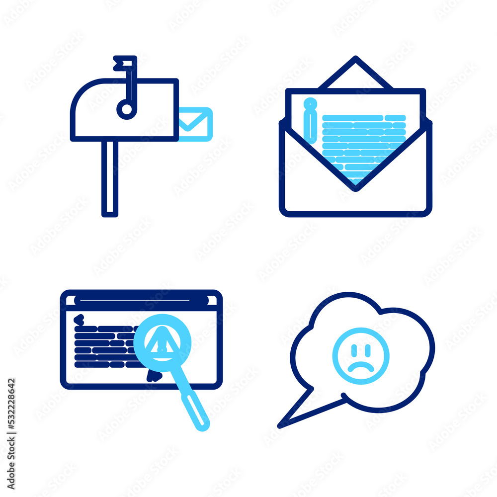 Poster set line speech bubble with sad smile, system bug concept, envelope and open mail box icon. vector