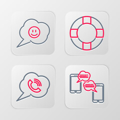 Set line Chat messages on mobile, Speech bubble with phone call, Lifebuoy and smile face icon. Vector