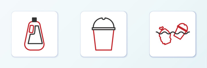 Set line Problem pollution of the ocean, Bottle for dishwashing liquid and Paper glass water icon. Vector