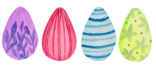Watercolor collection, decorated Easter eggs isolated on white background. For products for the holiday of Easter.