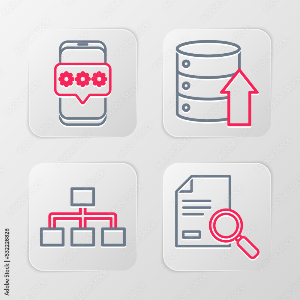 Poster set line document with search, hierarchy organogram chart, server, data, web hosting and mobile and 