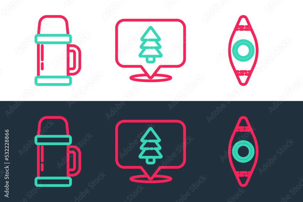Poster set line kayak or canoe, thermos container and location of the forest icon. vector