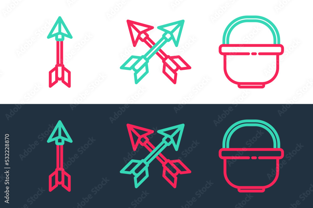 Poster set line camping pot, hipster arrow and crossed arrows icon. vector