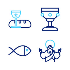 Set line Jesus Christ, Christian fish, chalice and First communion symbols icon. Vector