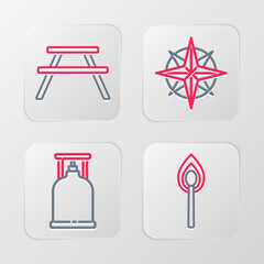 Set line Burning match with fire, Camping gas stove, Wind rose and Picnic table benches icon. Vector