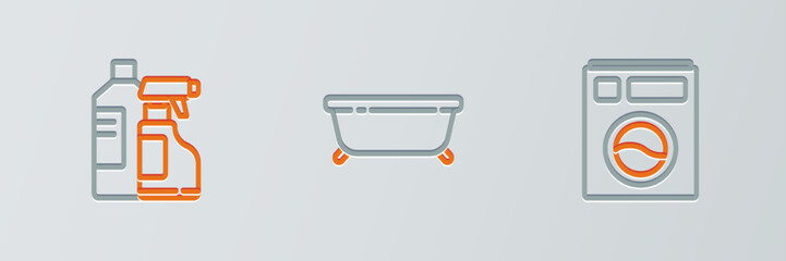Set line Washer, Bottles for cleaning agent and Bathtub icon. Vector