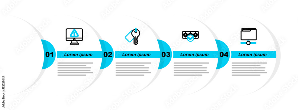 Aufkleber set line ftp folder, password protection, marked key and monitor with exclamation mark icon. vector