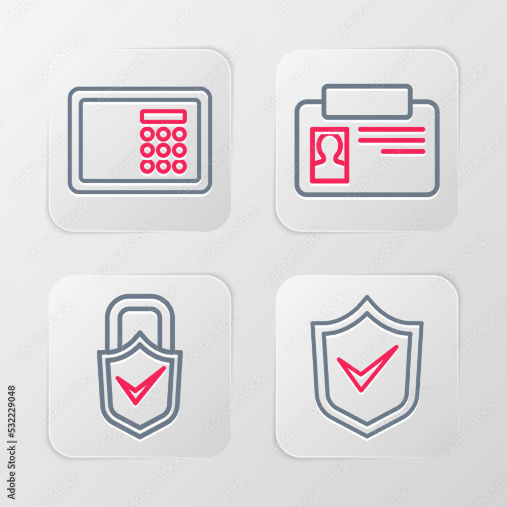 Poster set line shield with check mark, lock and, identification badge and safe icon. vector