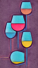 Wines in wine glasses are pictured in a digital watercolor image.