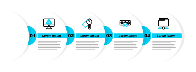 Set line FTP folder, Password protection, Marked key and Monitor with exclamation mark icon. Vector