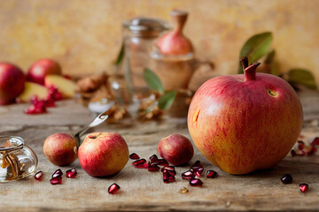 Rosh Hashanah. Pomegranate, apples and honey traditional products for celebration on rustic grey background. Jewish Autumn Rosh Hashana celebration. Jewish holiday Rosh Hashana design. Selective focus