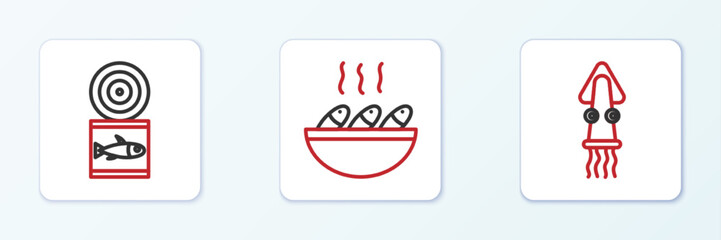 Set line Octopus, Canned fish and Fish soup icon. Vector