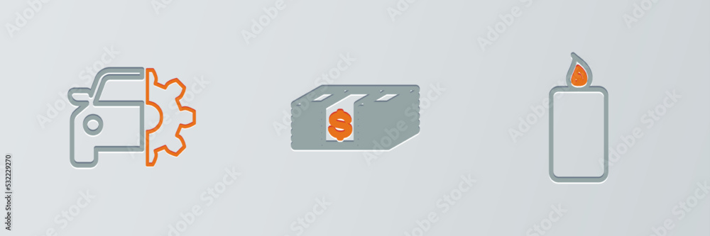 Wall mural set line burning candle, car service and paper money dollars cash icon. vector