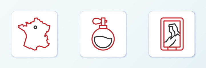Set line Portrait in museum, Map of France and Perfume icon. Vector