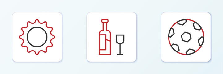 Set line Football ball, Sun and Wine bottle with glass icon. Vector