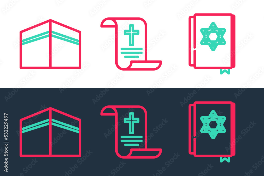 Sticker set line jewish torah book, kaaba mosque and decree, paper, parchment, scroll icon. vector