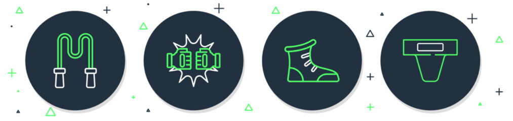 Set line Punch in boxing gloves, Sport shoes, Jump rope and Groin guard icon. Vector
