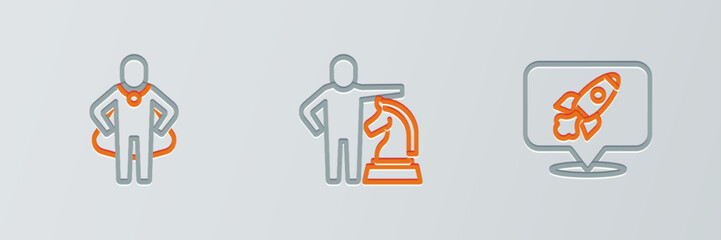 Set line Rocket ship, Head hunting and Chess icon. Vector