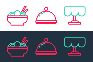 Set line Wooden table, Asian noodles in bowl and Covered with tray icon. Vector