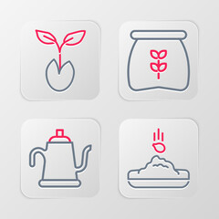 Set line Seed, Watering can, Bag of flour and Sprout icon. Vector