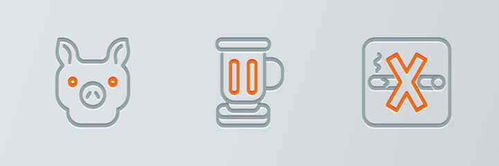 Set line No Smoking, Pig and Medieval goblet icon. Vector