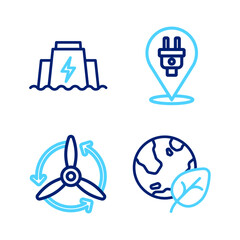Set line Earth globe and leaf, Wind turbine, Electric plug and Hydroelectric dam icon. Vector