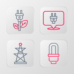 Set line LED light bulb, Electric tower, plug and saving in leaf icon. Vector
