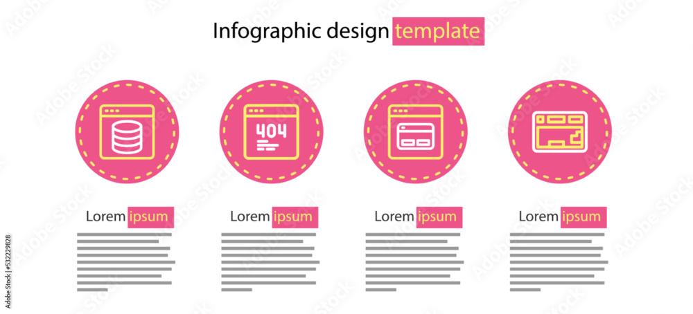 Poster set line search engine, keyboard, page with 404 error and server, data, web hosting icon. vector
