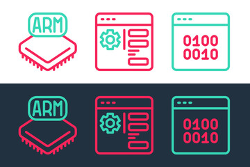 Set line Binary code, Processor and Browser setting icon. Vector